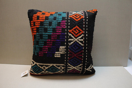Handwoven Kilim Pillow Cover: Upcycled Wool Rug, Boho Decor (18x18 in