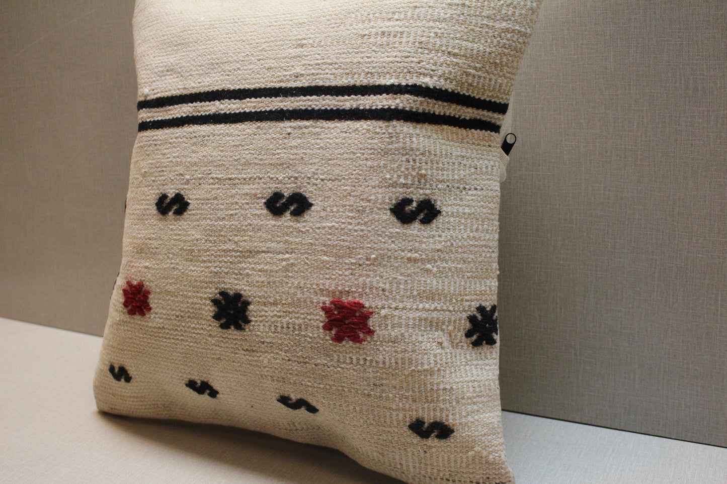 Handwoven Kilim Pillow Cover: Cream, Black & Red Tribal Boho Accent