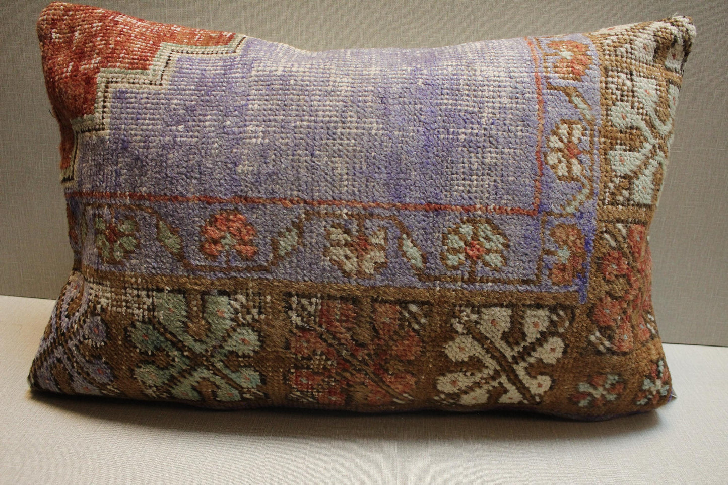 Handmade Kilim Pillow Cover: Lilac, Brown, & Green Floral Woven Rug