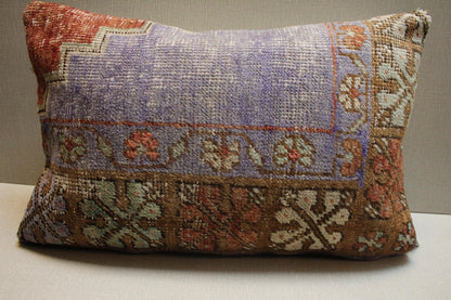 Handmade Kilim Pillow Cover: Lilac, Brown, & Green Floral Woven Rug