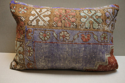 Handmade Kilim Pillow Cover: Lilac, Brown, & Green Floral Woven Rug