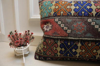 Handmade Kilim Pillow Cover: Upcycled Turkish Wool, Tribal Design (16x24 in