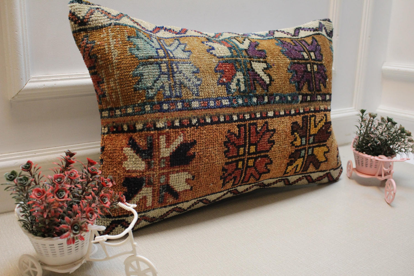 Handmade Kilim Pillow Cover: Upcycled Turkish Woven Rug, Boho Decor (16x24 in