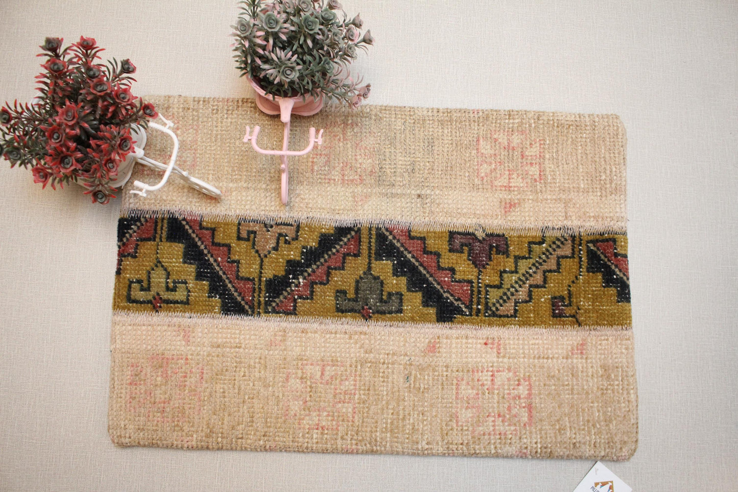 Vintage Kilim Pillow Cover: Cream, Red, Blue, Brown Floral Geometric