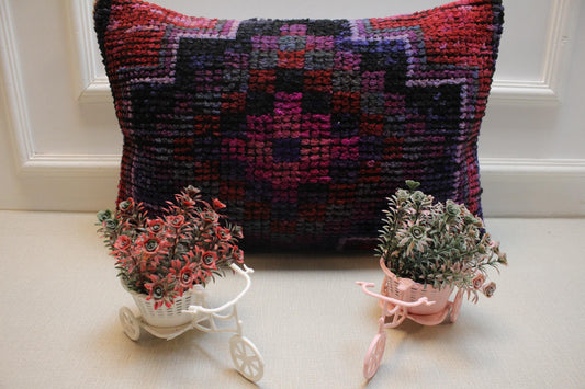 Handmade Kilim Pillow Cover: Red Geometric Woven Wool, 16x24
