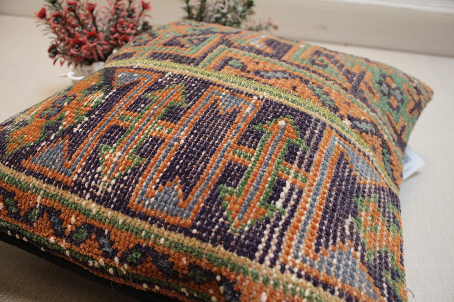 Geometric Kilim Pillow Cover: Upcycled Turkish Woven Rug, Boho Decor