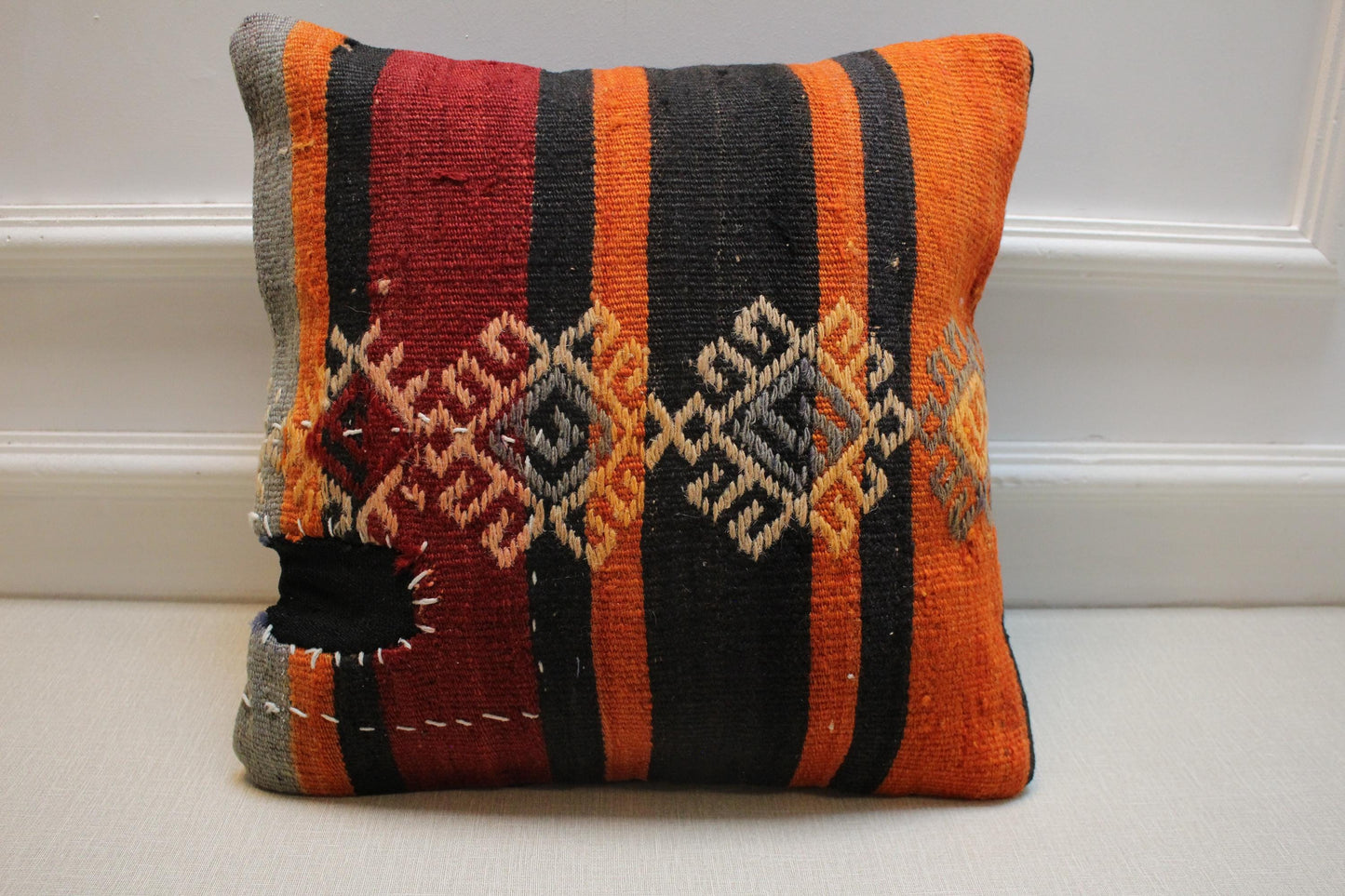 Handmade Kilim Pillow Cover: Upcycled Woven Wool, Tribal Diamondd
