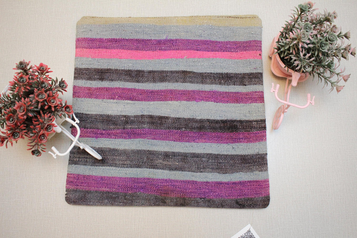 Handmade Kilim Pillow Cover: Gray, Pink & Purple Boho Decor
