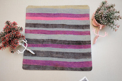 Handmade Kilim Pillow Cover: Gray, Pink & Purple Boho Decor