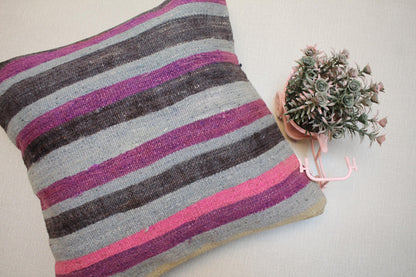 Handmade Kilim Pillow Cover: Gray, Pink & Purple Boho Decor