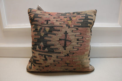 Vintage Turkish Kilim Pillow Cover: Geometric Woven Wool, 16x16