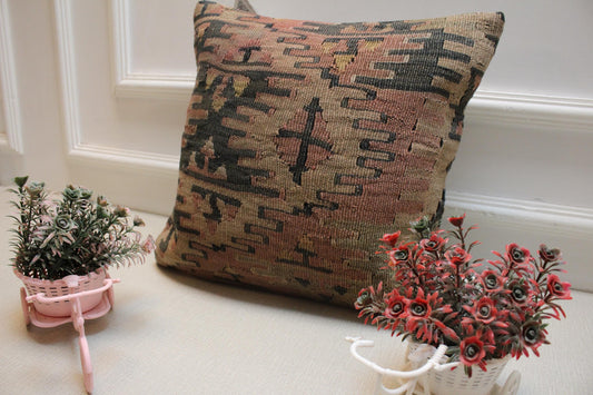 Vintage Turkish Kilim Pillow Cover: Geometric Woven Wool, 16x16