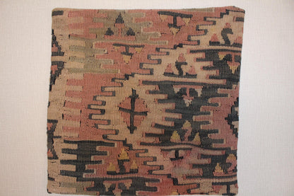 Vintage Turkish Kilim Pillow Cover: Geometric Woven Wool, 16x16