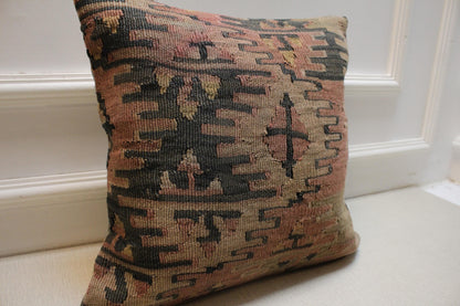 Vintage Turkish Kilim Pillow Cover: Geometric Woven Wool, 16x16