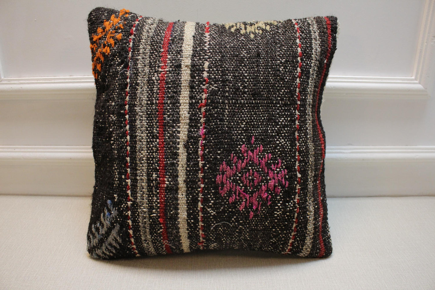 Handmade Kilim Pillow Cover: Upcycled Woven Rug, Tribal Stripes