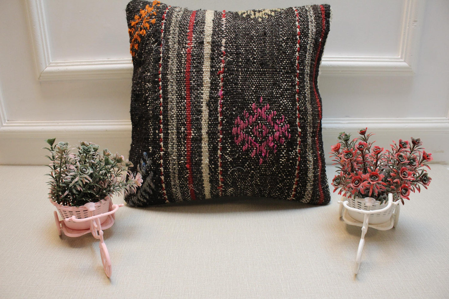 Handmade Kilim Pillow Cover: Upcycled Woven Rug, Tribal Stripes