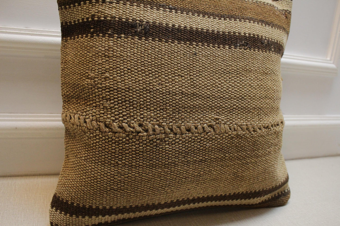 Handmade Kilim Pillow Cover: Beige & Cream Turkish Rug, 16x16 inc