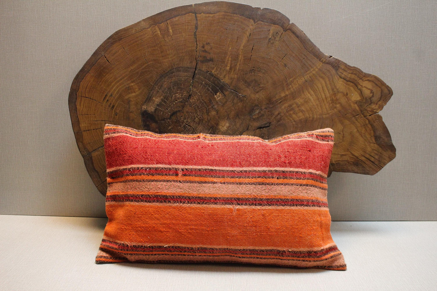 Handmade Kilim Pillow Cover 16x24: Striped Orange & Red Turkish Rug