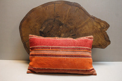 Handmade Kilim Pillow Cover 16x24: Striped Orange & Red Turkish Rug