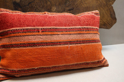 Handmade Kilim Pillow Cover 16x24: Striped Orange & Red Turkish Rug