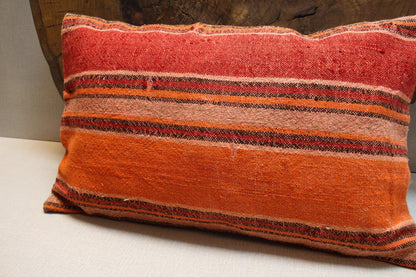 Handmade Kilim Pillow Cover 16x24: Striped Orange & Red Turkish Rug