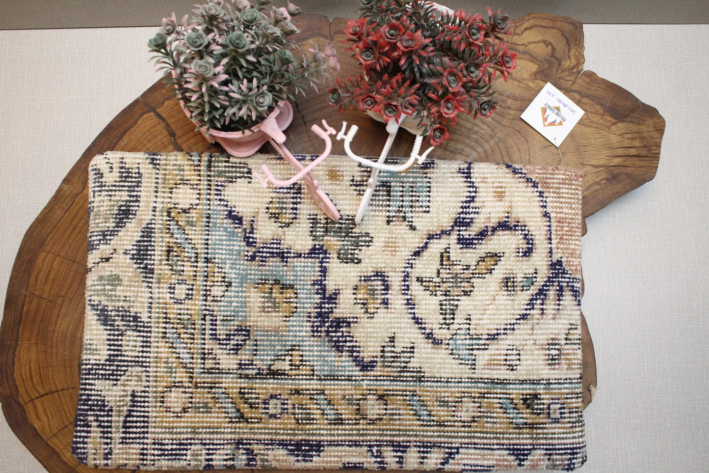 Handmade Kilim Pillow Cover: Cream & Blue Floral Boho Cushion