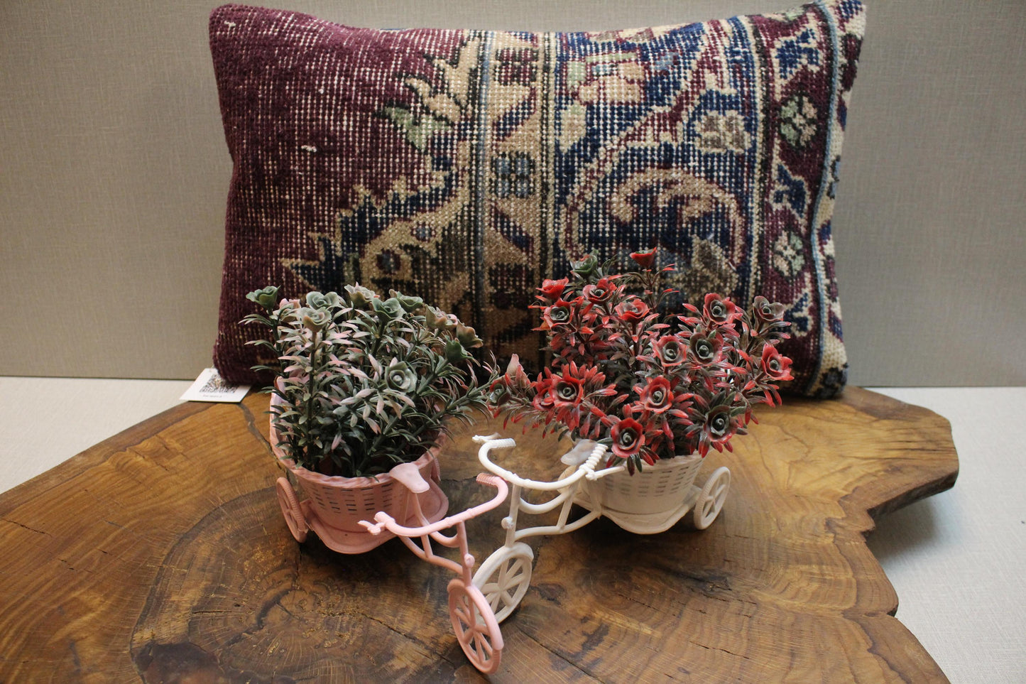 Handmade Kilim Pillow Cover: Burgundy Navy Floral Woven Rug