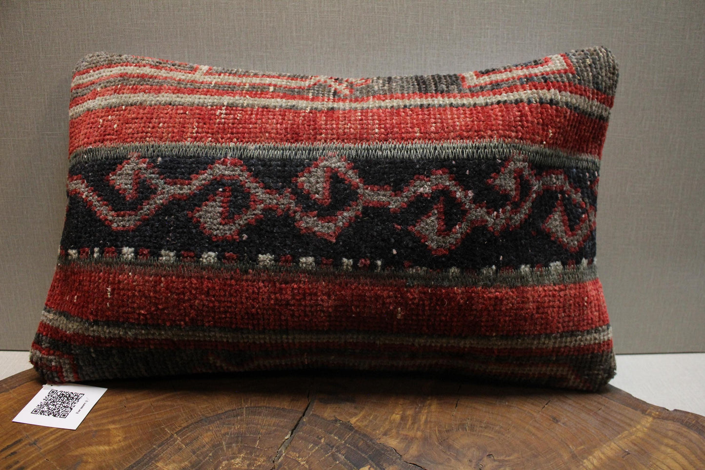 Handmade Kilim Pillow Cover: Upcycled Tribal Rug, Red Black Gray - 12x20 in