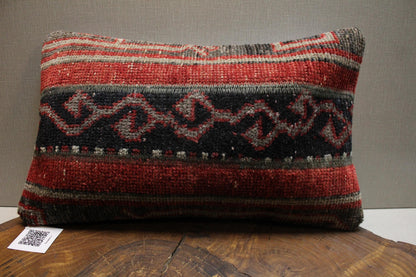 Handmade Kilim Pillow Cover: Upcycled Tribal Rug, Red Black Gray - 12x20 in