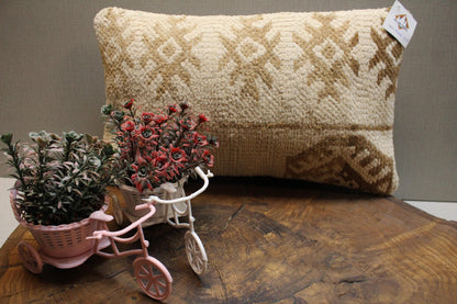 Handmade Kilim Pillow Cover: Cream & Tan Woven Wool, 12x20
