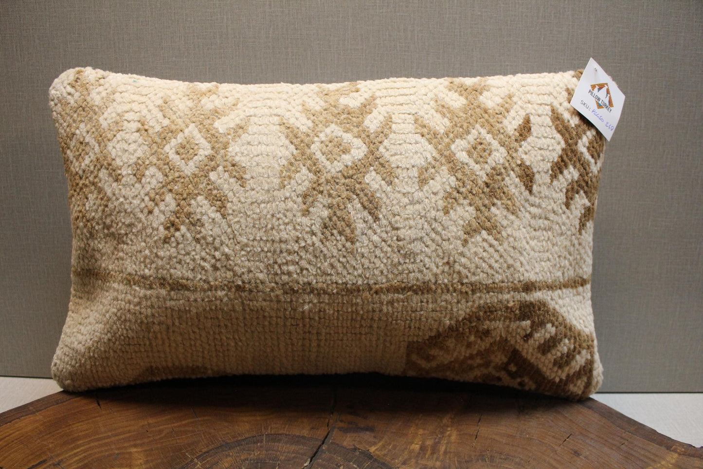 Handmade Kilim Pillow Cover: Cream & Tan Woven Wool, 12x20