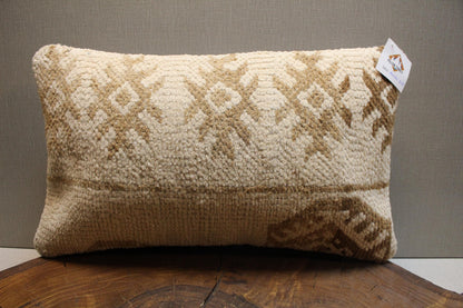 Handmade Kilim Pillow Cover: Cream & Tan Woven Wool, 12x20