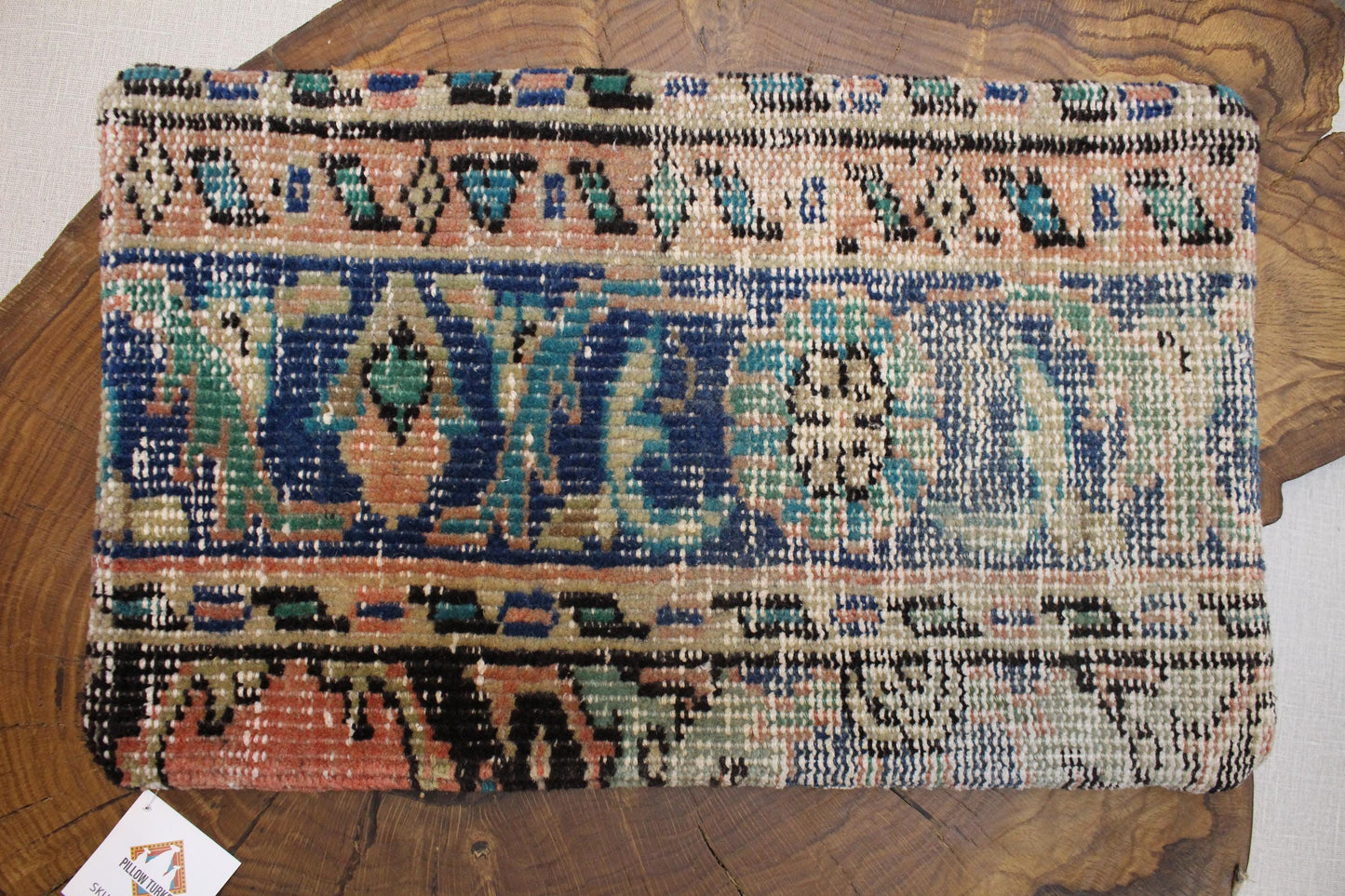 Handmade Kilim Pillow Cover: Navy, Teal & Peach Woven Rug