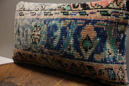 Handmade Kilim Pillow Cover: Navy, Teal & Peach Woven Rug