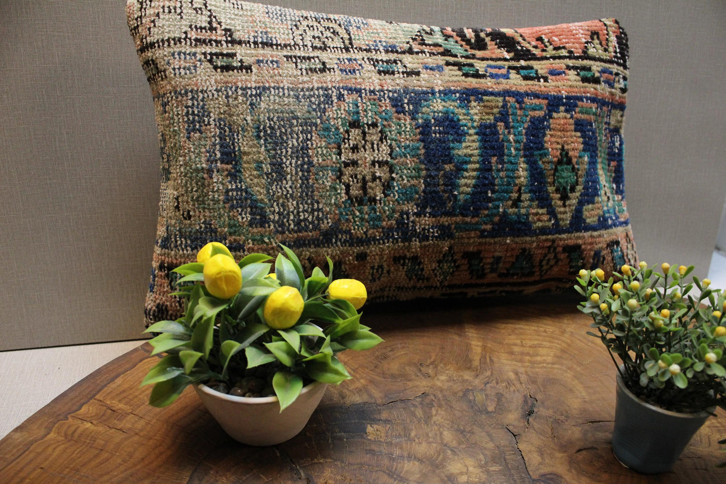 Handmade Kilim Pillow Cover: Navy, Teal & Peach Woven Rug