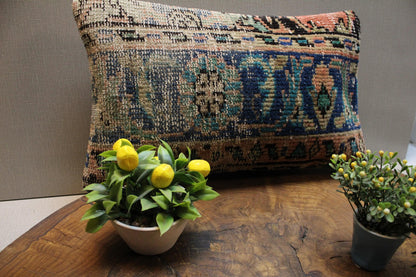 Handmade Kilim Pillow Cover: Navy, Teal & Peach Woven Rug