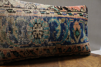 Handmade Kilim Pillow Cover: Navy, Teal & Peach Woven Rug
