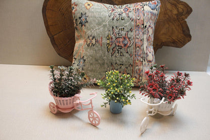 Handmade Kilim Pillow Cover: Upcycled Woven Rug, Sage Green Boho Decor