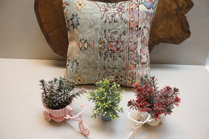 Handmade Kilim Pillow Cover: Upcycled Woven Rug, Sage Green Boho Decor