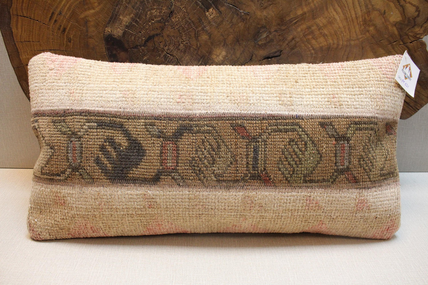 Handwoven Kilim Lumbar Pillow Cover: Upcycled Wool, Tribal Geometric Band