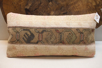 Handwoven Kilim Lumbar Pillow Cover: Upcycled Wool, Tribal Geometric Band