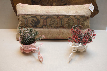 Handwoven Kilim Lumbar Pillow Cover: Upcycled Wool, Tribal Geometric Band