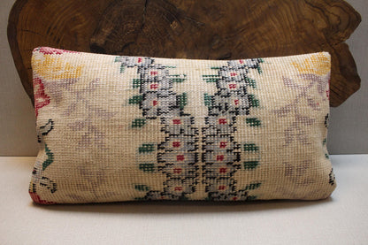 Floral Kilim Lumbar Pillow Cover: Upcycled Woven Rug, Boho Accent (12x24 in.)