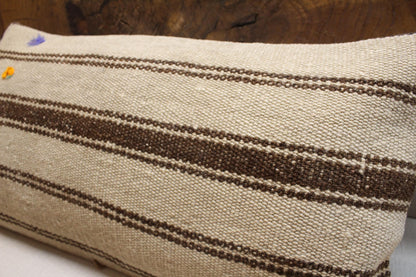 Handwoven Kilim Lumbar Pillow Cover: Earthy Beige & Brown Boho Decor