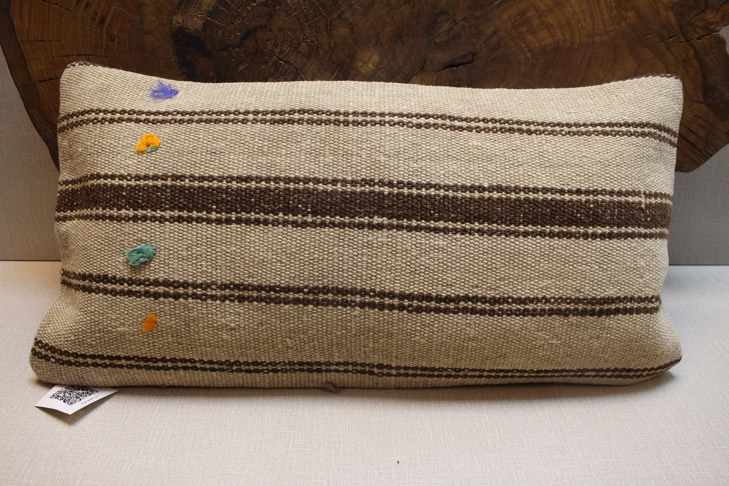 Handwoven Kilim Lumbar Pillow Cover: Earthy Beige & Brown Boho Decor