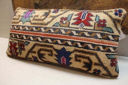 Handmade Kilim Lumbar Pillow Cover: Upcycled Woven Wool, Boho Tribal