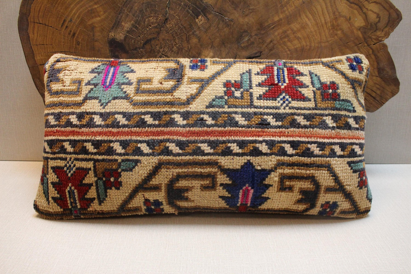 Handmade Kilim Lumbar Pillow Cover: Upcycled Woven Wool, Boho Tribal