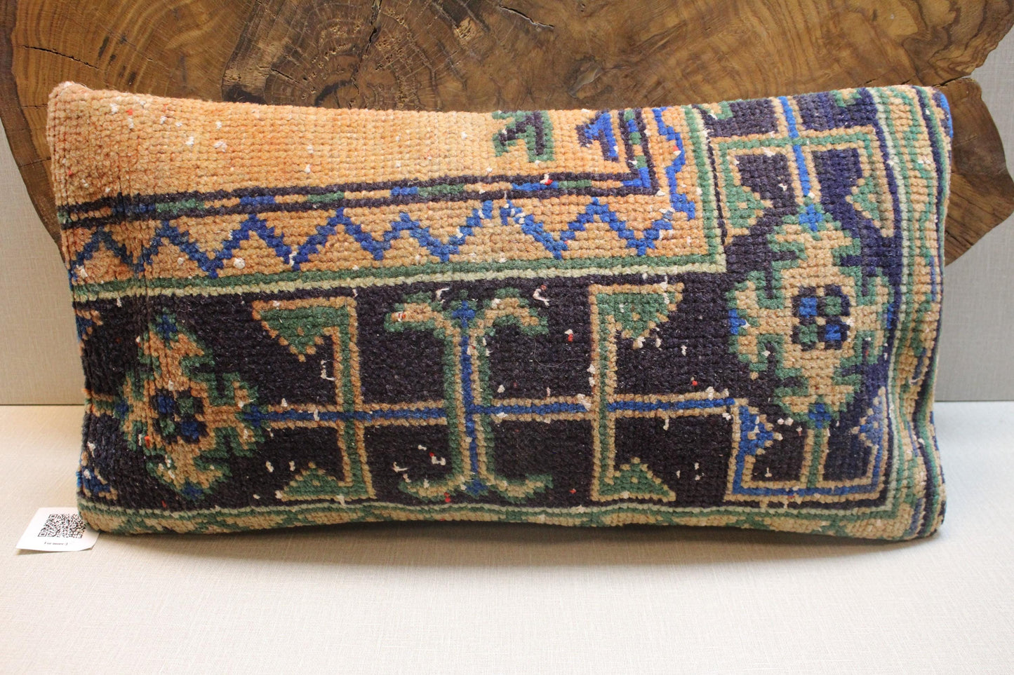 Handwoven Kilim Lumbar Pillow Cover: Navy, Green, and Tan Geometric Design