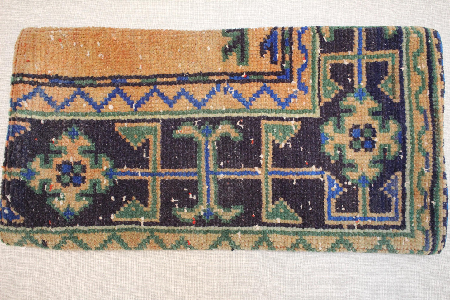 Handwoven Kilim Lumbar Pillow Cover: Navy, Green, and Tan Geometric Design