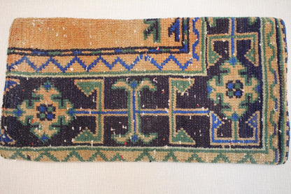 Handwoven Kilim Lumbar Pillow Cover: Navy, Green, and Tan Geometric Design